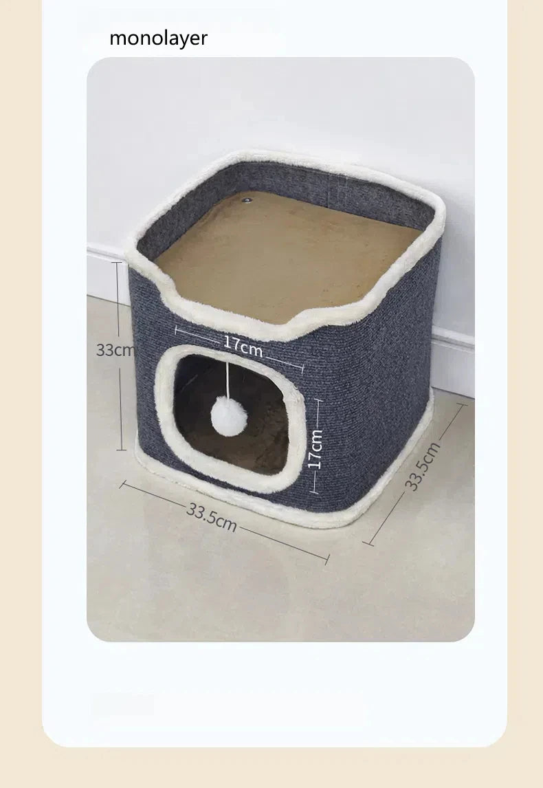 3-tiers Cat Bed Pet House Covered Cave with soft mat Large Hideaway Cat Tent with Fluffy Ball Hanging