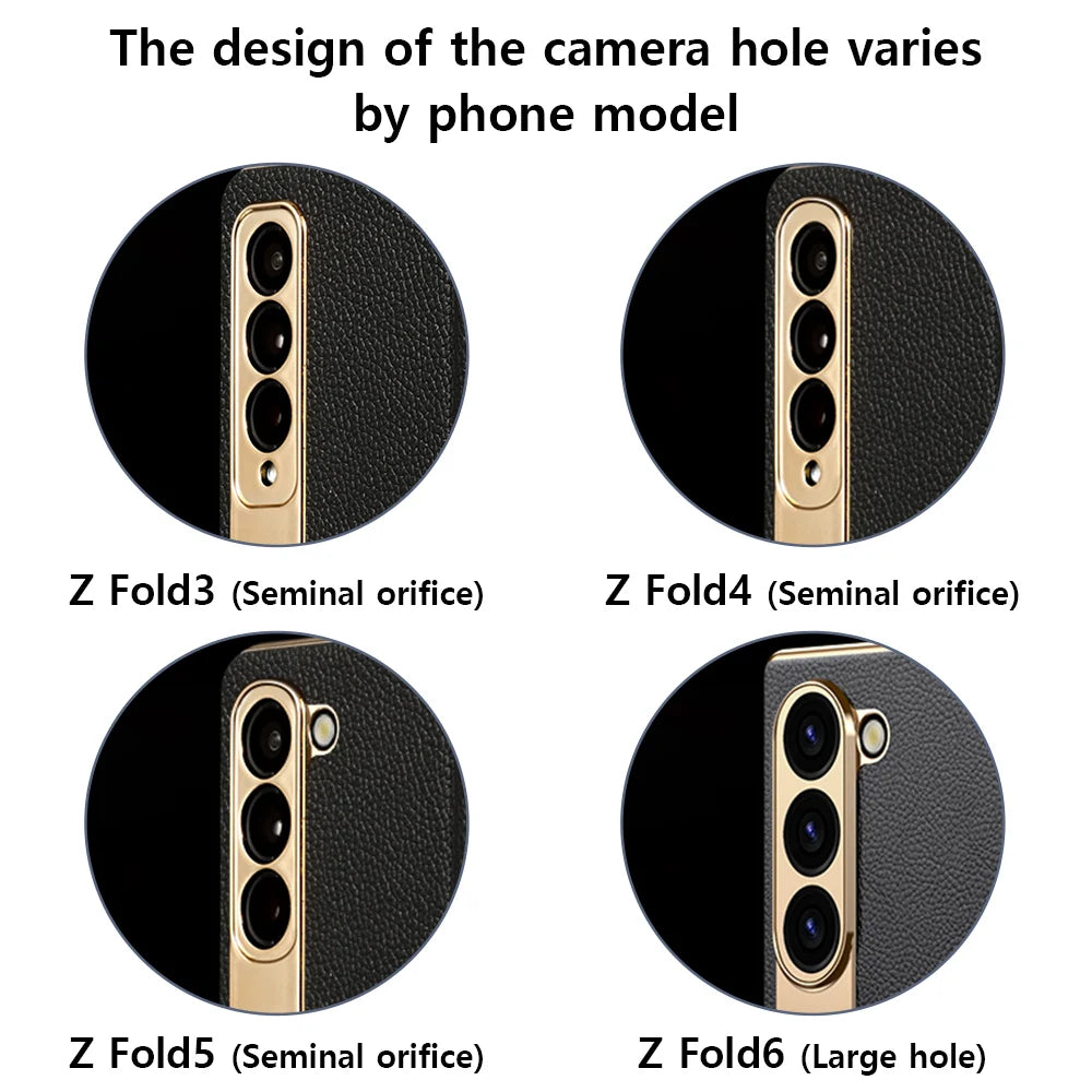 Leather Phone Case for Samsung Galaxy Z Fold 7 6 5 4 3 Fold6 Fold7 Gold Plating Magnetic Hinge Stand Back Cover with Mirror Film