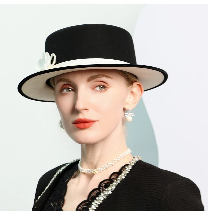 Women's Black/White Flat Top Wool Felt Fedora Hat with Flower Faux Pearl Detail Winter Dress Cap Stylish French Millinery