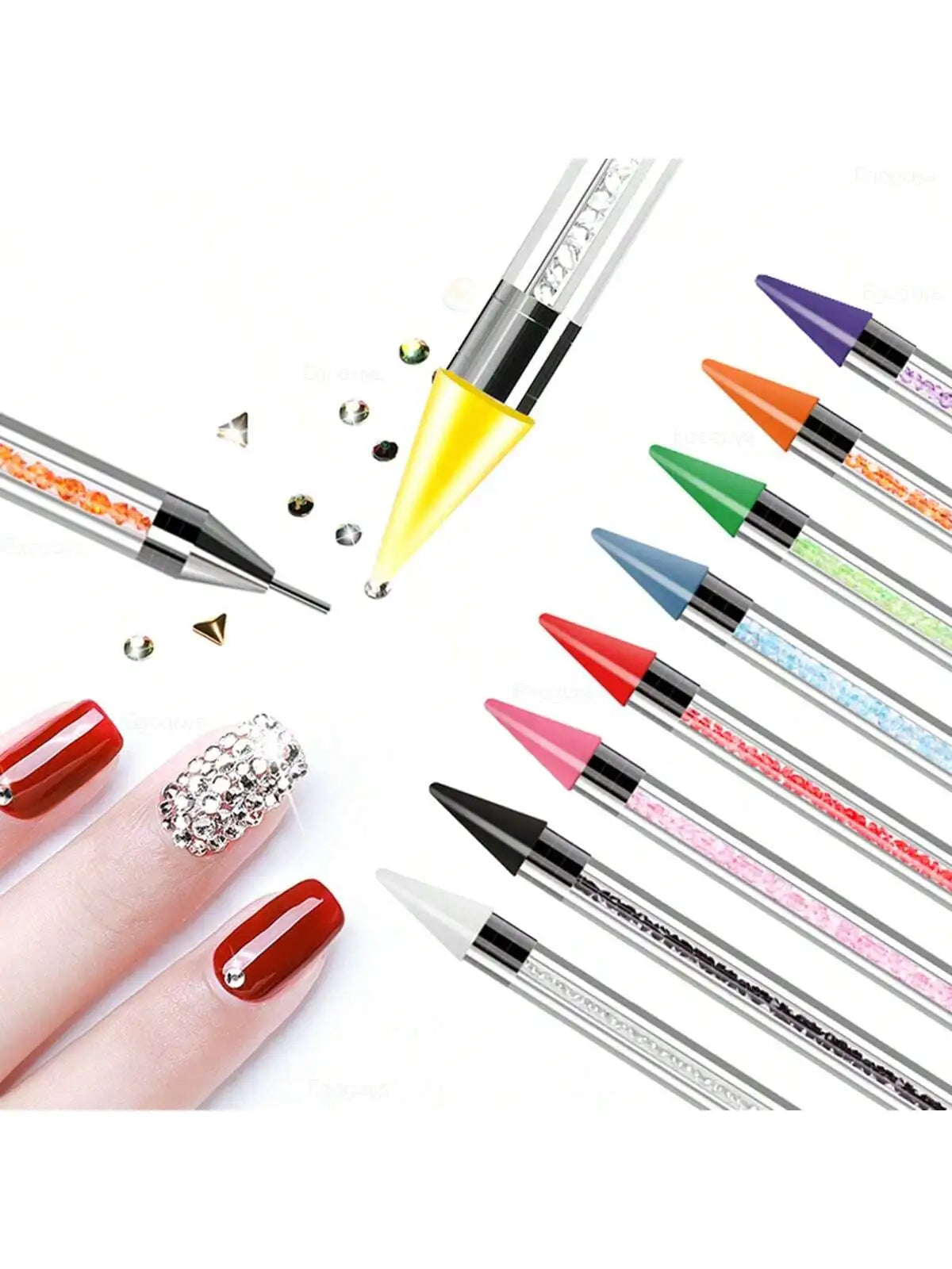 Nail Art White Dual-head Wax Pen With Diamante Embellishment And Rhinestone Picker, Crystal Rhinestone Applicator Tool