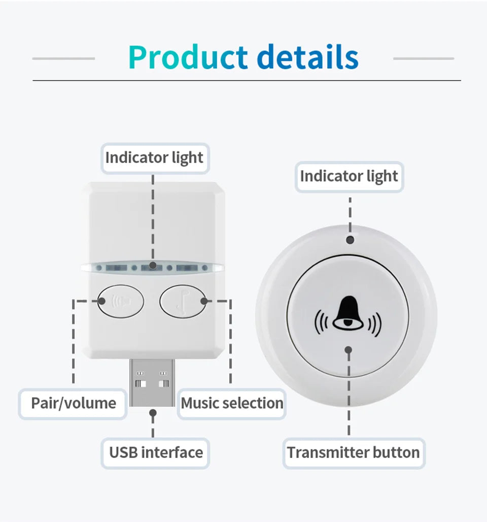 Wireless Doorbell DC 5V RF433 MHz Pairing Remote Control 30 Ringtongs Volume Adjust For Home Outdoor USB Door Bell Bed Care Call