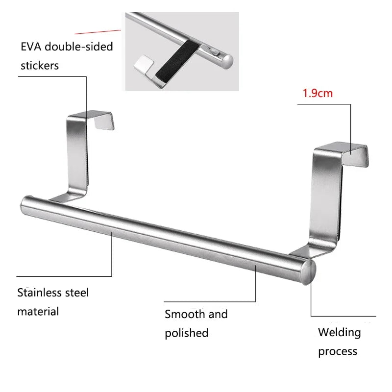 Kitchen Cabinet Door Towel Bar Stainless Steel Door Back Towel Hanging Holder Bathroom Punch-free Towels Hooks  Home Organizer