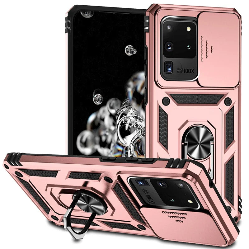 Silde Lens Armor Shockproof Phone Case For Samsung Galaxy S20 Ultra S20 Plus S 20 FE S20+ Magnetic Car Holder Ring Protect Cover