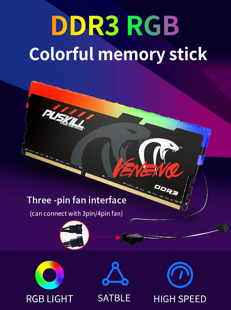 PUSKILL Memoria RAM RGB DDR3 8GBx2 1600MHz 12800S Udimm Dual Channel DIMM Desktop Memory Rams