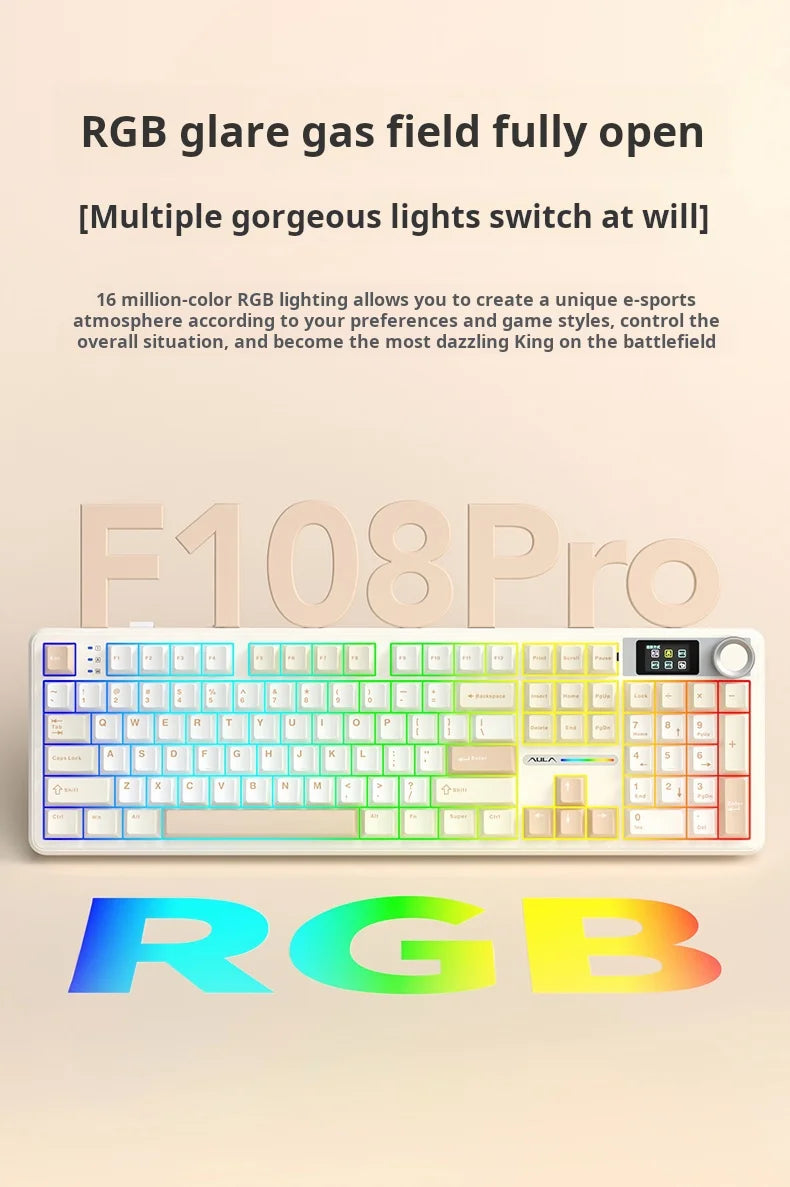 AULA F108pro Mechanical Keyboard Three-mode Bluetooth /2.4G/ Wired Customized Full-key Hot-swapable Gasket Structure RGB Light e