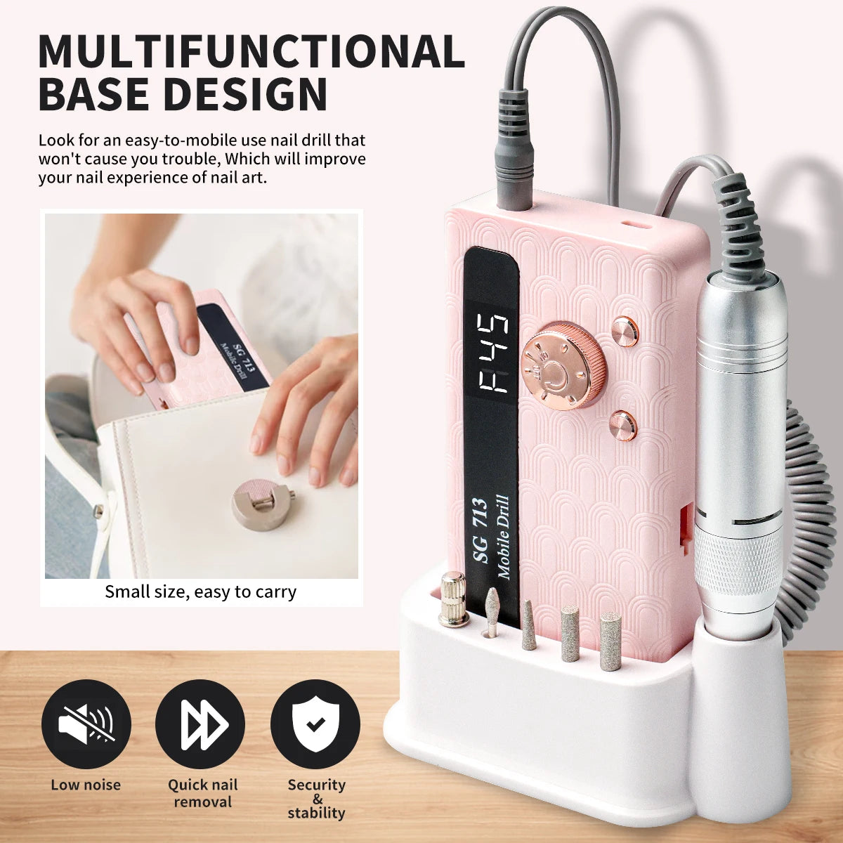 45000RPM Electric Nail Drill Rechargeable Nail Polisher with Nail Drill Kit for Gel Nail Polishing Nail Salon Tool