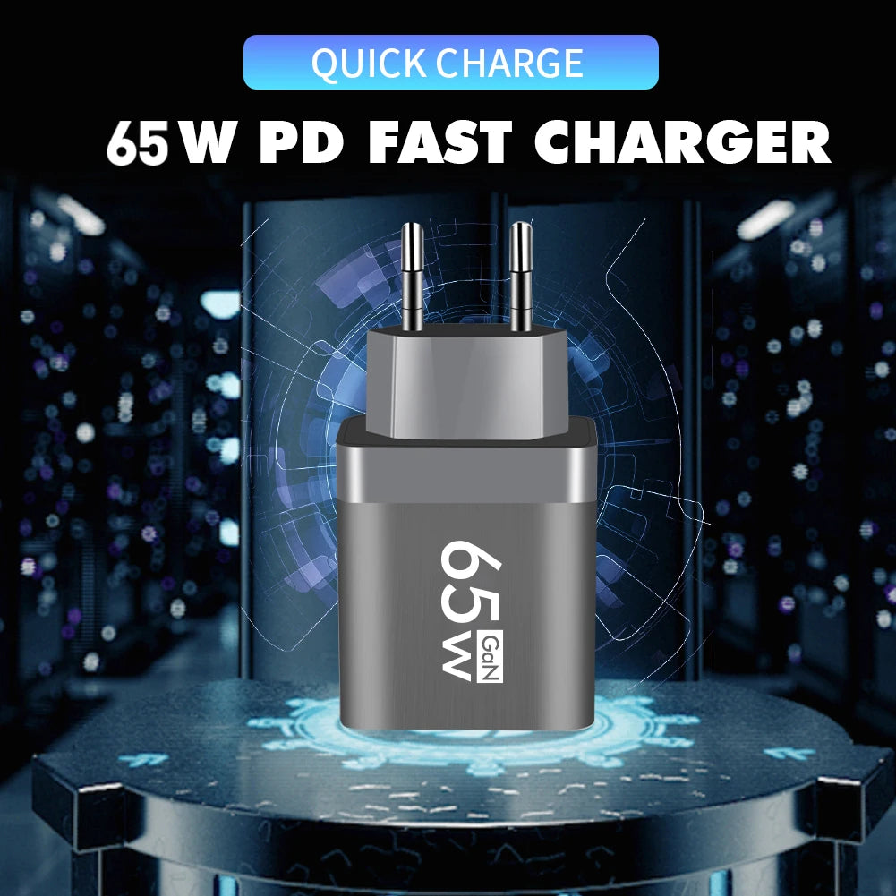 65W GaN USB C Charger Fast Charging 2 Ports Quick Mobile Phone Adapter For iPhone 15 14 13 Xiaomi Samgsung Portable Wall Charger