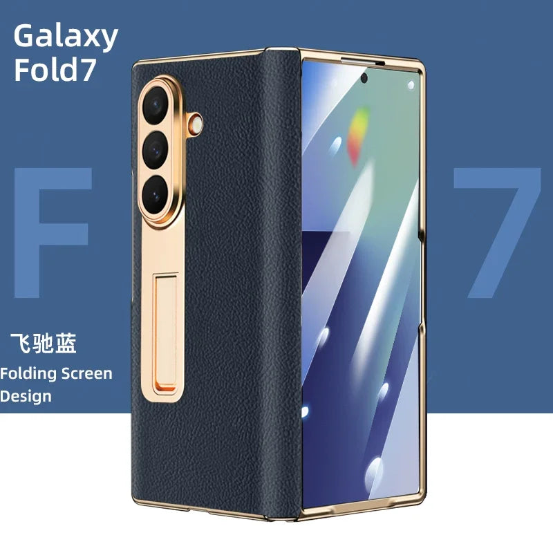 Luxury Leather Cover For Samsung Z Fold 7 6 5 Case Plating Stand Hinge Front Glass Screen