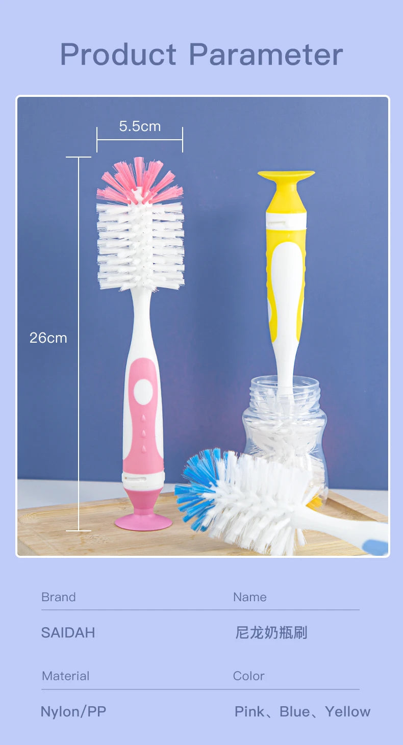 2 in 1 Mother-child Nylon Baby Bottle Cup Cleaning Brush Suction Stand Type Feeding Clean Tool Set