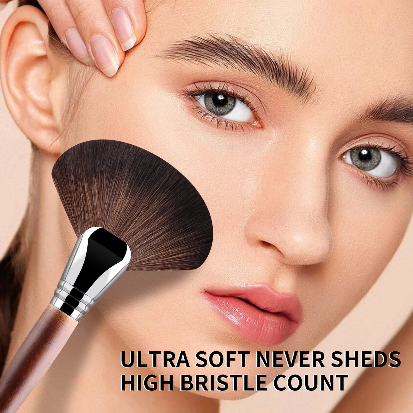1pc Professional Fan Paint Brush Long Wood Handle High-Quality Nylon Hair Soft Goat Hair Blusher Sculpting Highlight Make Up Bru