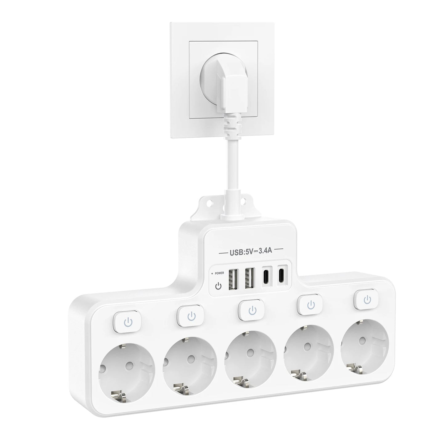 Power Strip 5-Way Multicontact Outlet EU Plug with 4 USB Ports 3.1A/5V 3840W Multiple Electrical Socket with Switch For Home