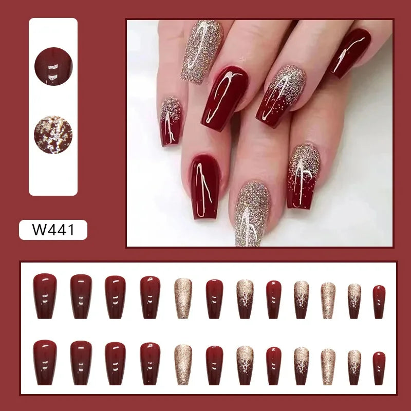 Gold Pink Wine Red 24 Pcs Fake Nail with Jelly sticker Press on False Nails Wearable Round Head Oval Full Cover Nail Tips