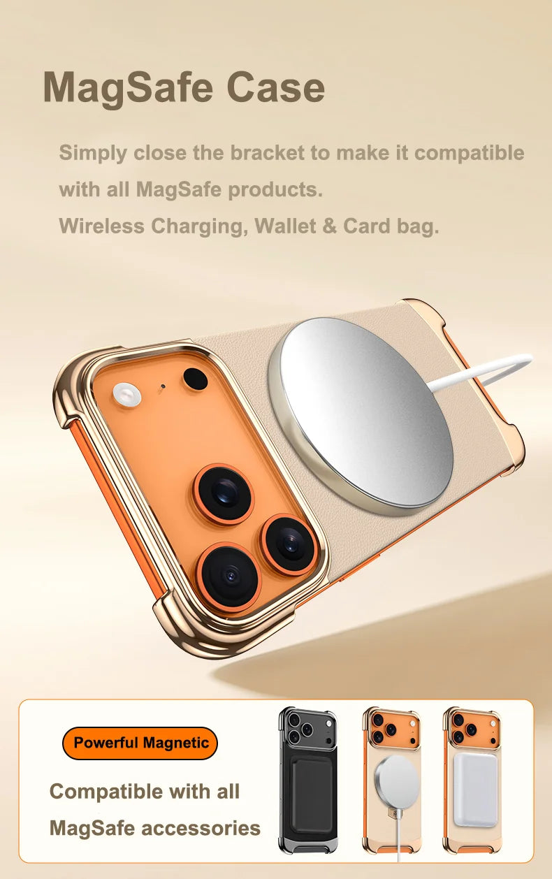 Luxury Leather Ultra Thin Frameless Magnetic Case For iPhone 17 16 15 14 13 Pro Max 17Air 17Pro Metal Bracket Anti-Drop Bumper