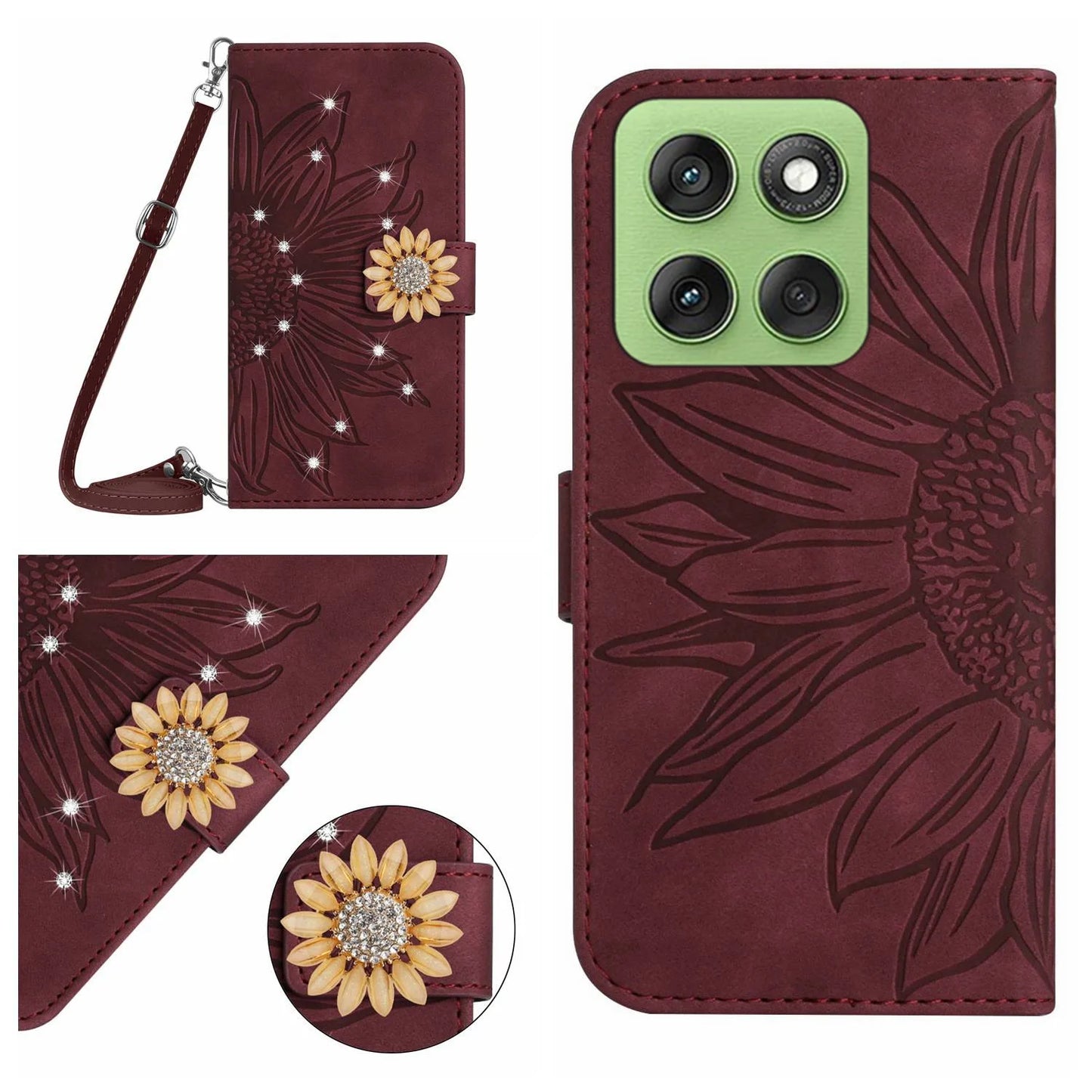 Sunflower Crossbody Wallet Book Case For VIVO V60 V50 V40 V27 V25 V23 V21 V20 T2 T1 Leather Lanyard 3 Cards Anti Drop Flip Cover