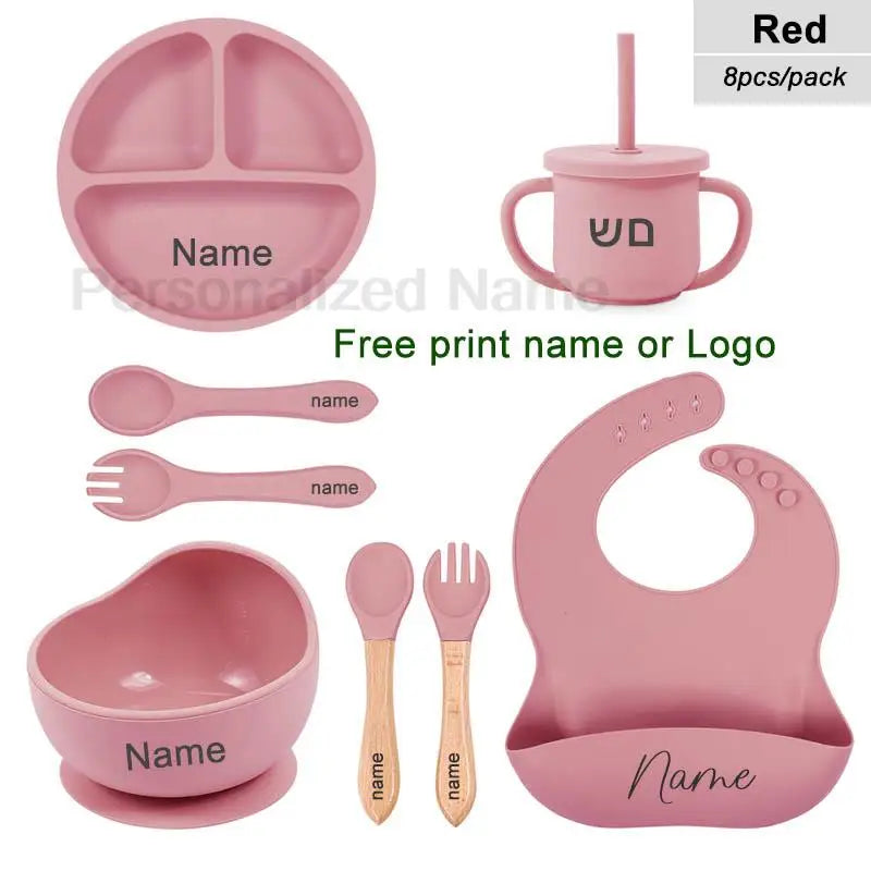 8Pcs Baby Silicone Feeding Set Round Dining Plate Sucker Bowl Dishes For Kids Personalized Name Children's Tableware Straw Cup