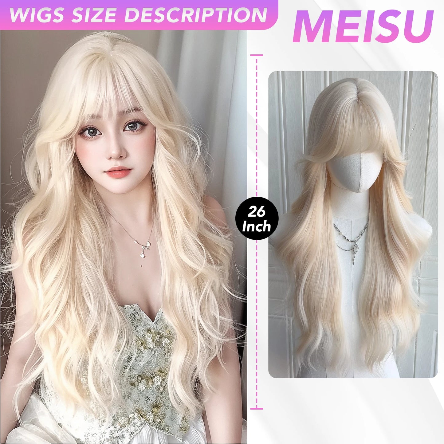 MEISU 26 Inch Synthetic Water Curly Wave Wigs Air Bangs Hair PLATINUM Heat-Resistant Natural And Smoot Daily Wear For Women