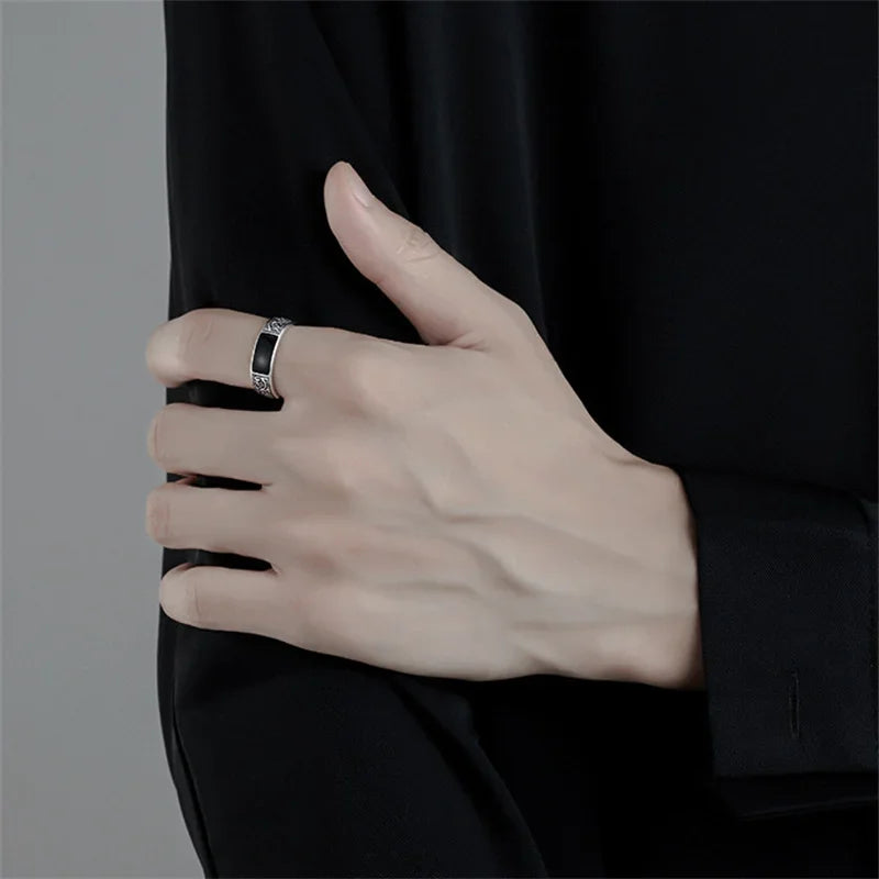 Trendy Silver Sterling Silver Ring for Men Jewelry Black Rectangle Retro Dragon Pattern Ring Male Infex Finger Accessories Open