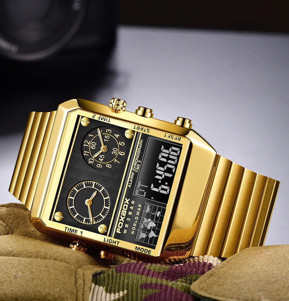 LIGE New Sport Mens Watches FOXBOX Brand Luxury Square Watch For Men Fashion Waterproof Dual Display Watch Relogio Masculino+box