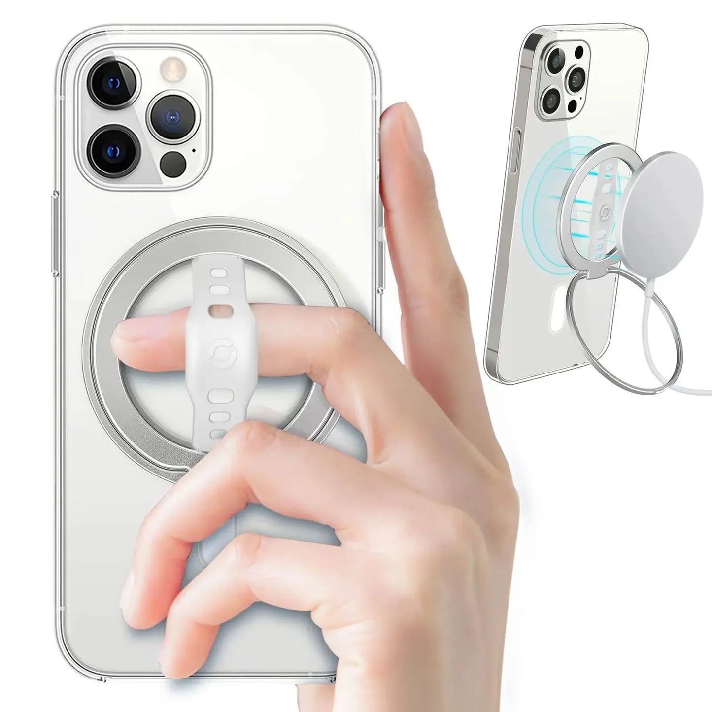 Magnetic Ring Phone Holder for Magsafe Wireless Charging Phone Grip Stand with Silicone Finger Strap Removable Car Phone Holder