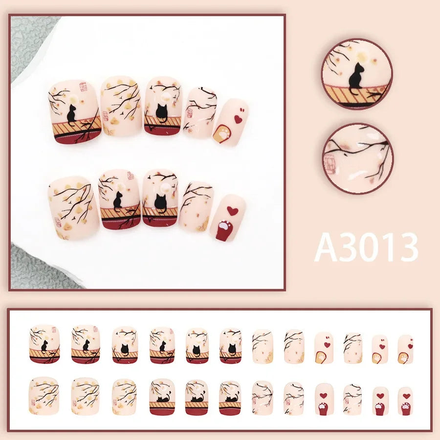 Watercolor Rose Fake Nail with Jelly sticker Press on False Nails Wearable Round Head Oval Full Cover Nail Tips
