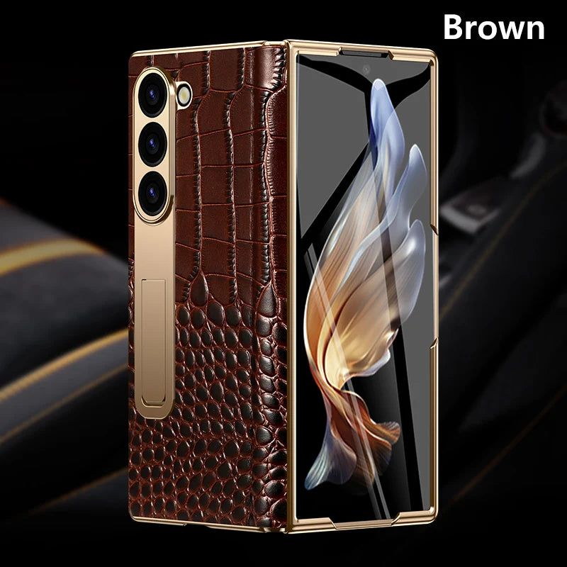 LANGSIDI Leather Case for Samsung Galaxy Z Fold 7 6 5 4 3 Fold6 Fold7 Gold Plating Magnetic Hinge Stand Cover with Mirror Film