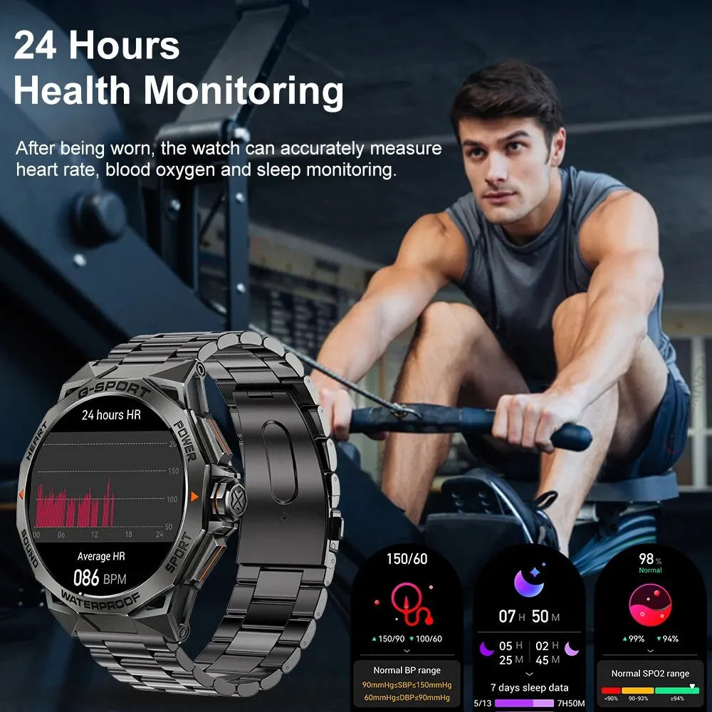 MELANDA 1.43” AMOLED HD Bluetooth Call Smart Watch Men Sports Fitness IP68 Waterproof Steel Smartwatch for Android IOS K62