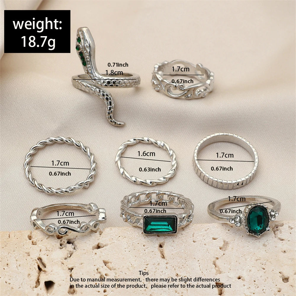 8Pcs/Set Ins Style Vintage Faux Gemstone Snake Twist Ring For Women Retro Ocean Wave Geometric Setting Rhinestone Ring Set