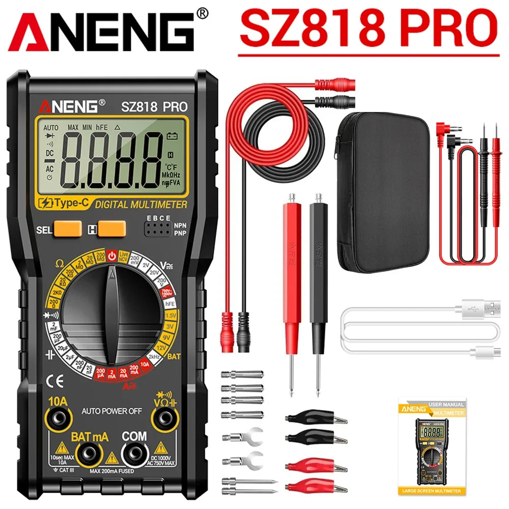 Smart Rechargeable Digital Multimeter Tester ANENG SZ818 PRO AC/DC Voltage Ammeter Pnp Npn Resistance hFE Capacitor tester tools
