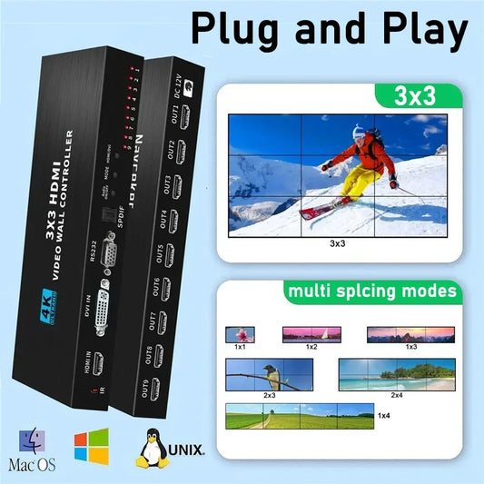 4K 3x3 HDMI Video Wall Controller 1080p DVI 1X2 1X4 1X3 2x2 2x3 2x4 Multi Screen Splicing Video Processor 9 Unit TV Splicer Box