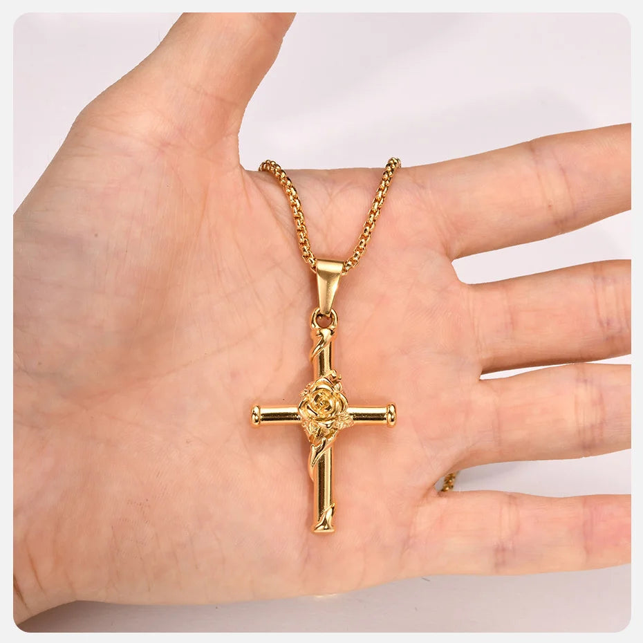 Vnox Men Cross Necklace, Stainless Steel Rose Cross Pendant with Box Chain, Unisex Cool Crucifix Jesus Faith Aesthetic Collar