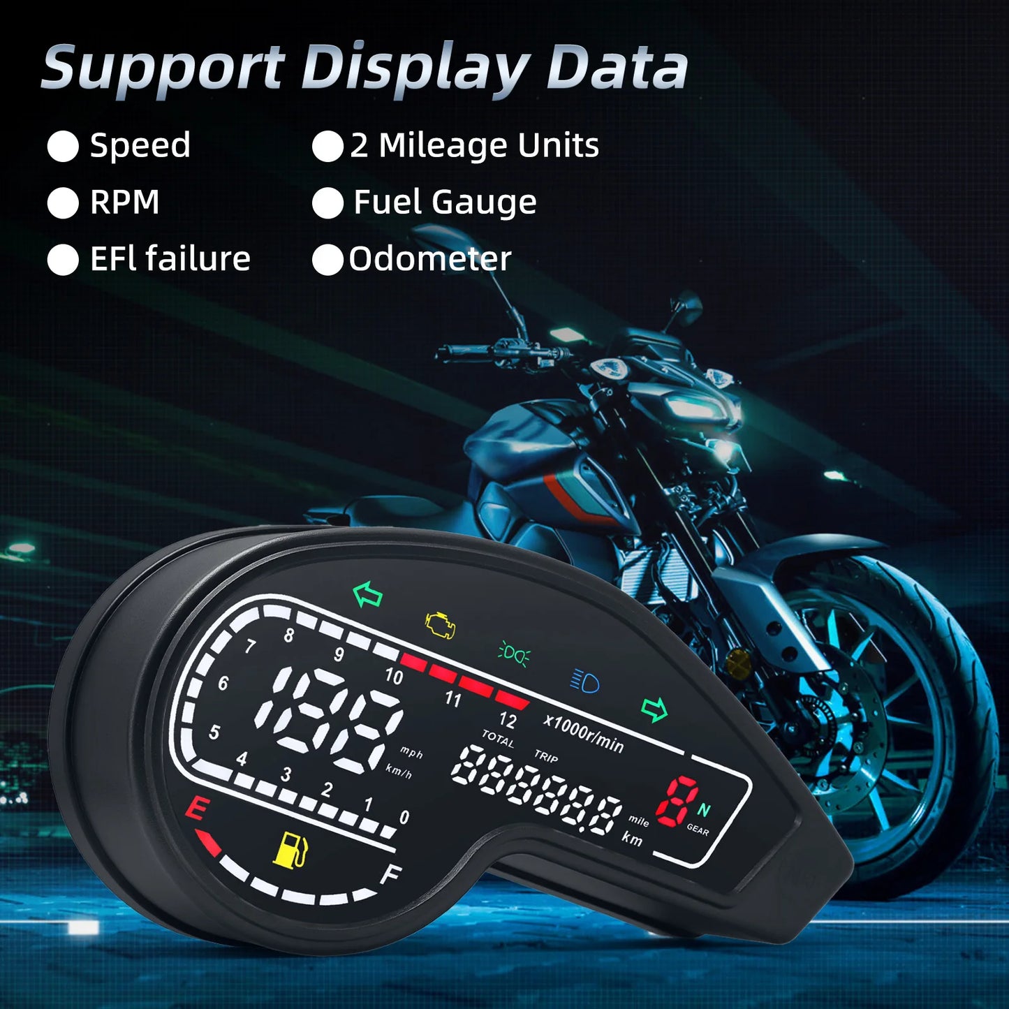 Universal RPM Motorcycle Meter Digital Odometer LCD Speed Meter Instrument Oil Gauge Total Mileage Dashboard Multi-function Trip