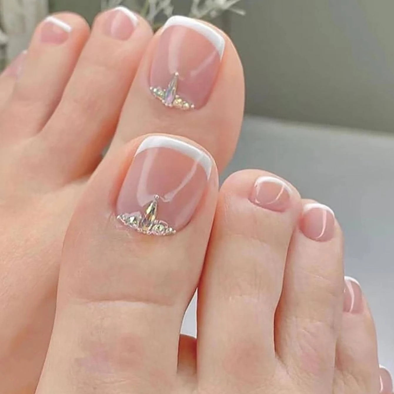 24PCS Short Square Pink Toe Nails Fake Toe Nails Press On Toe Nails French Fake Toe Nails With White Edge Nails