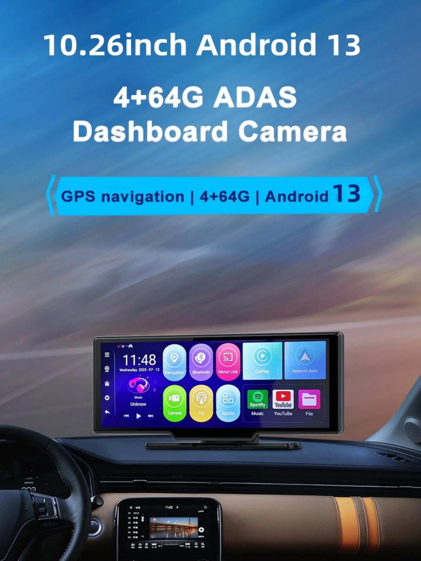 10.26 Inch WIFI Dash Cam Android 13  4+64G 8 Core  WiFi GPS Navigation Car DVR ADAS APP  FM BT Carpaly & Android Auto