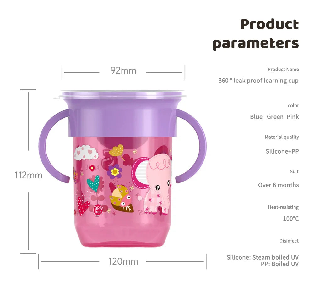 360 Rotated Cartoon Baby Learning Drinking Cup with Double Handle Flip Lid Leakproof Infants Water Cups Bottle BPA Free