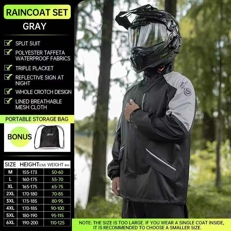 Star Field Knight Black-grey Motorcycle Raincoat Rainpants Suit Waterproof Inner Mesh Breathable Men Women Riding Gears 2Pcs/set