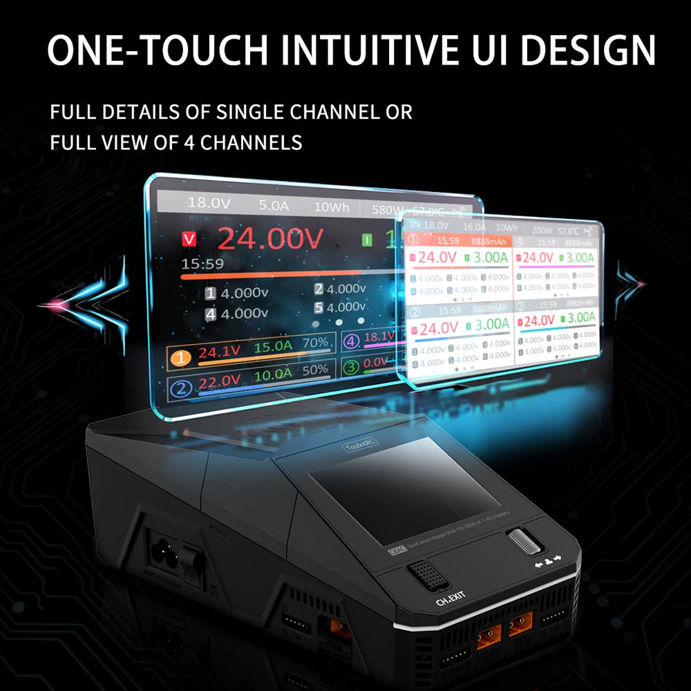 ToolkitRC Q6AC Charger AC 400W/DC 1000W 4CH output Built-in 65W USB A/TYPEC Output ,LiPo, 1-6S，NiMH 1-16S,PB 1-10S Charger IPS