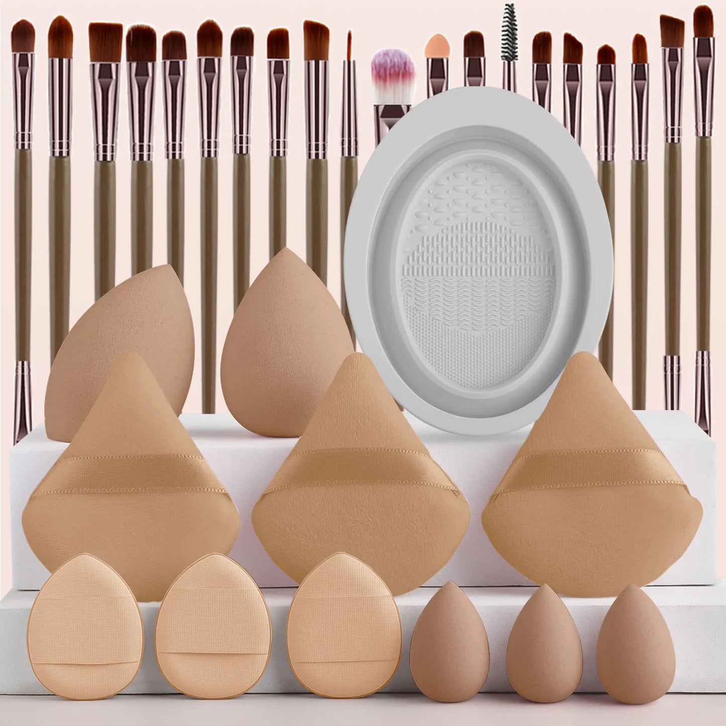 32pcs Makeup Beauty Tool Set &1pc Oval Washing Bowl & 5pcs  Beauty Egg & 3pcs Scalloped Powder Puff 3pcs Thumb Air Cushion