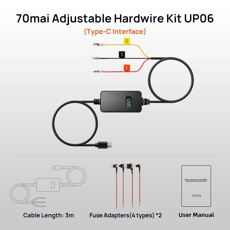 70mai Dash Cam Hardwire Kit OBD-II &  Adjustable Hardwire Kit UP06 for Car DVR Type-C Interface Plug-and-Play Parking Model