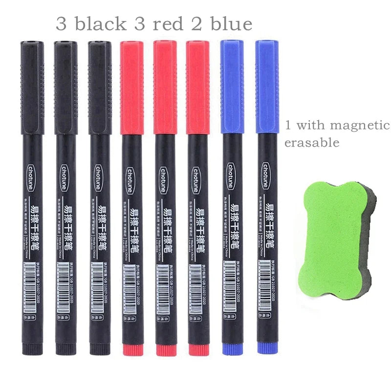 8pcs Erasable Whiteboard Pen 0.5mm Fine Point Black/Blue/Red Ink Blackboard Marker School Office Art Writing Stationery