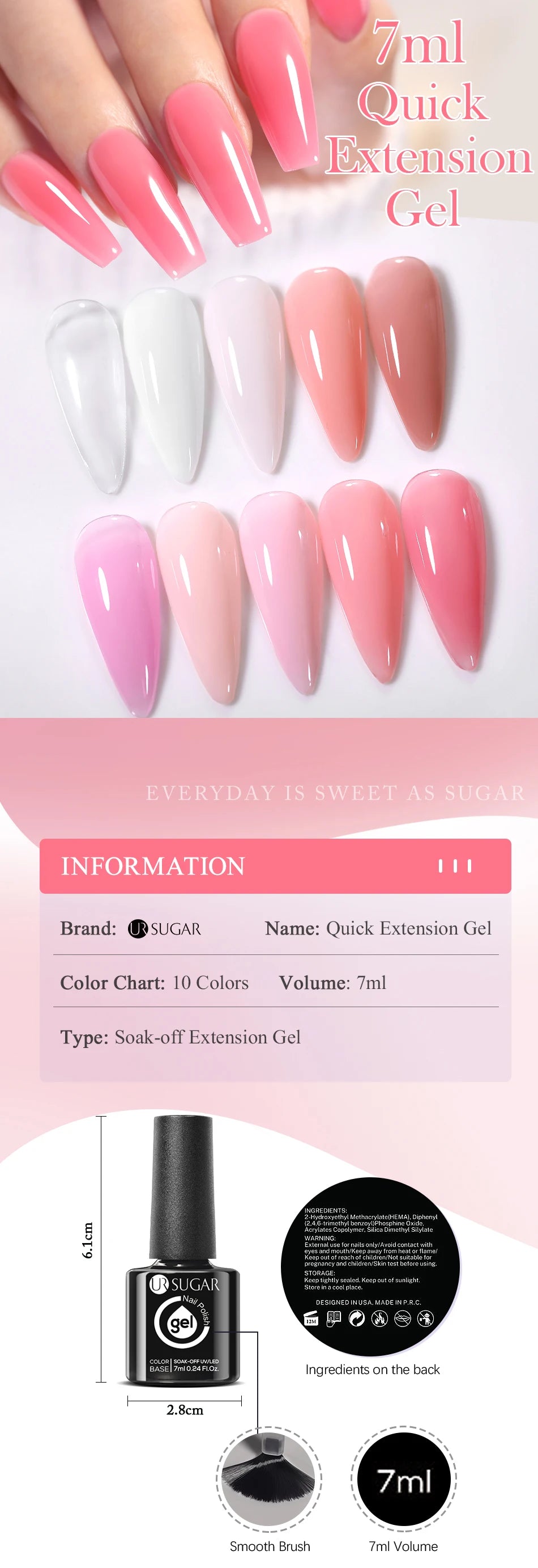 UR SUGAR 7ml Extension Gel White Pink Nude Semi Permanent Acrylic Extension Nail Art Hybrid Varnish UV Led Hard Gel Nail Polish