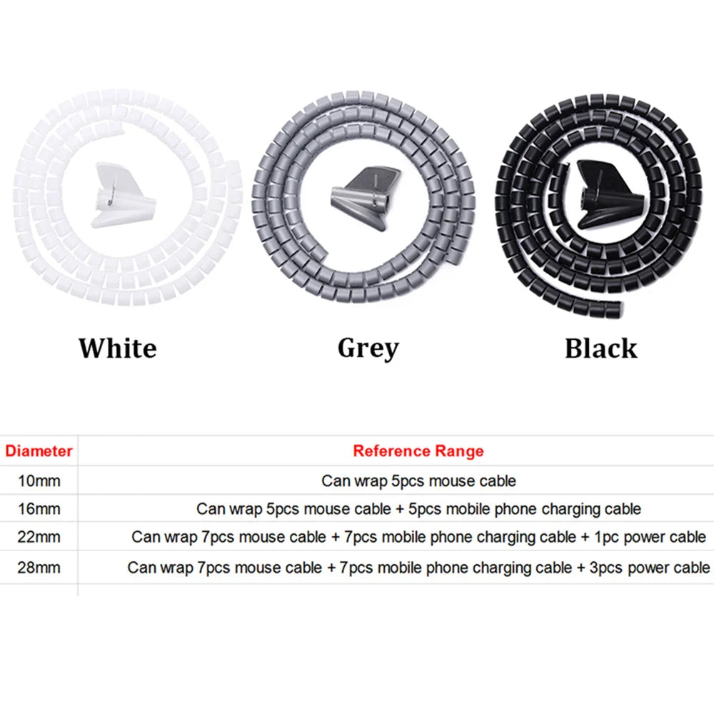 2M 16/10mm Flexible Spiral Cable Wire Protector Cable Organizer Computer Cord Protective Tube Clip Organizer Management Tools