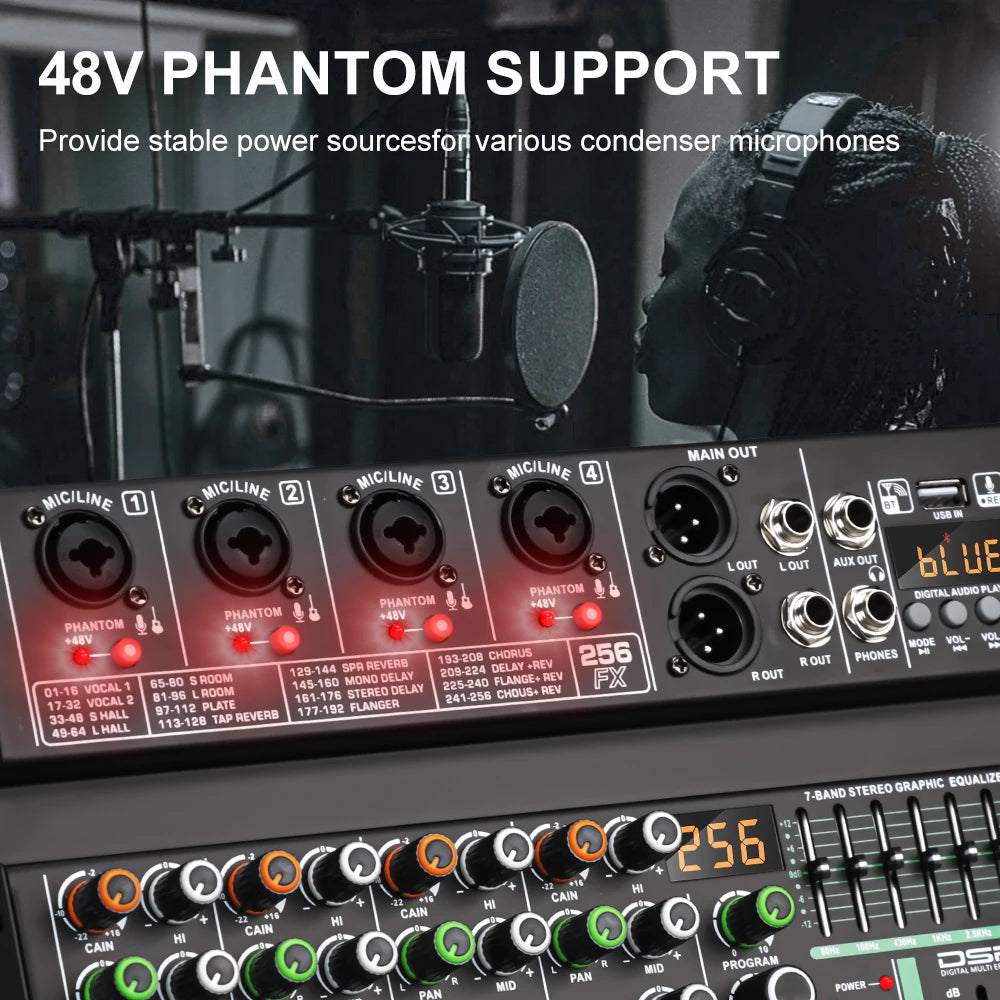 LEUS AU4 Channel 256 DSP Effect Audio Mixer Record PC 48V Phantom Power USB Sound Mixers Bluetooth DJ Console Mixing for Karaok