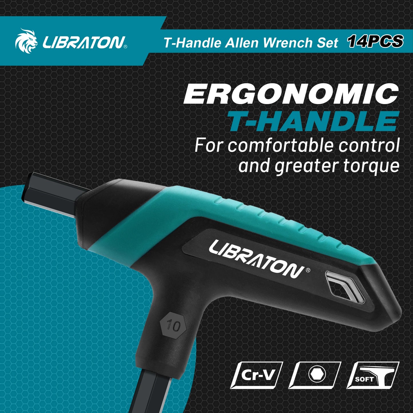 LIBRATON 14PCS Metric & SAE T Handle Hex Key,T-handle Allen Wrench Set, Auto Bike Repair Tool, with Storage Rack,Two-Tip Design