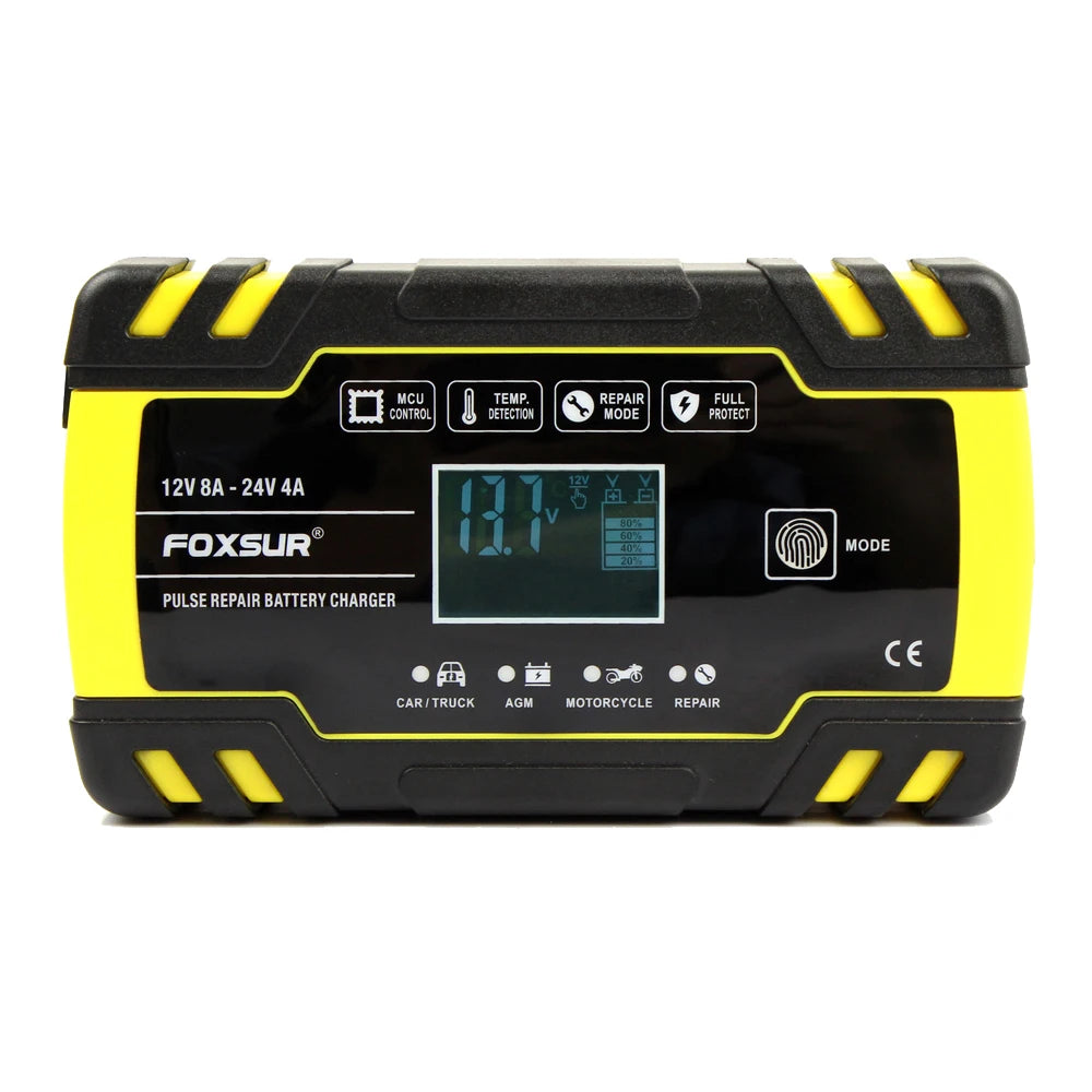 FOXSUR 12V/24V 8A Smart Battery Charger Automatic Start Fast Charger Use For Car Motorcycle Truck Deepcycle Wet Dry Lead Acid