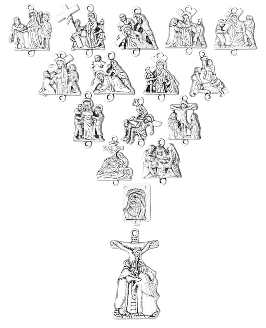 16Pcs Stations Cross Signs Devotional Medals Crucifix Jesus Cross Crown of Thorns Pendant Set for Rosary DIY Accessories