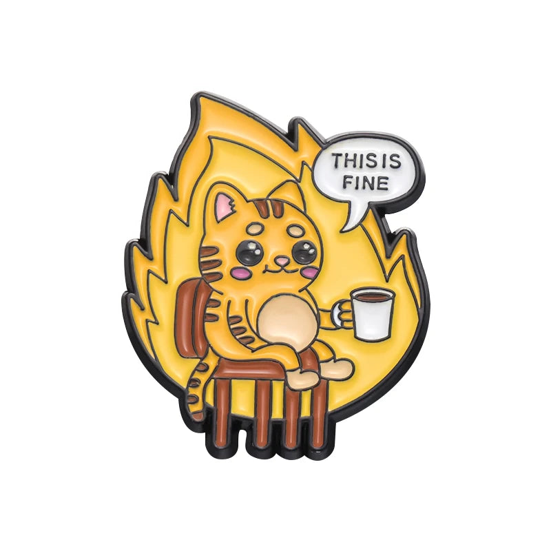 Flame Coffee Cat Enamel Pins Custom THIS IS FINE Brooches Lapel Badges Cartoon Animal Jewelry Gift for Friends