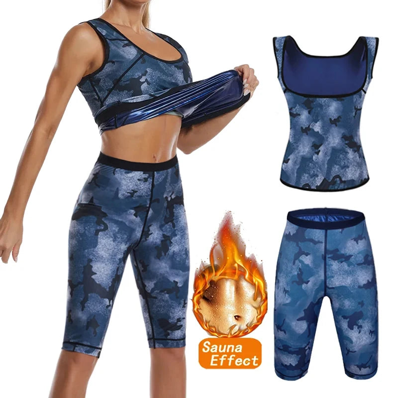 Women Camouflage Body Shaper Sweat Sauna Sets Fitness Vest Slimming Shorts Flat Tummy Pants Waist Trainer Shapewear Suits