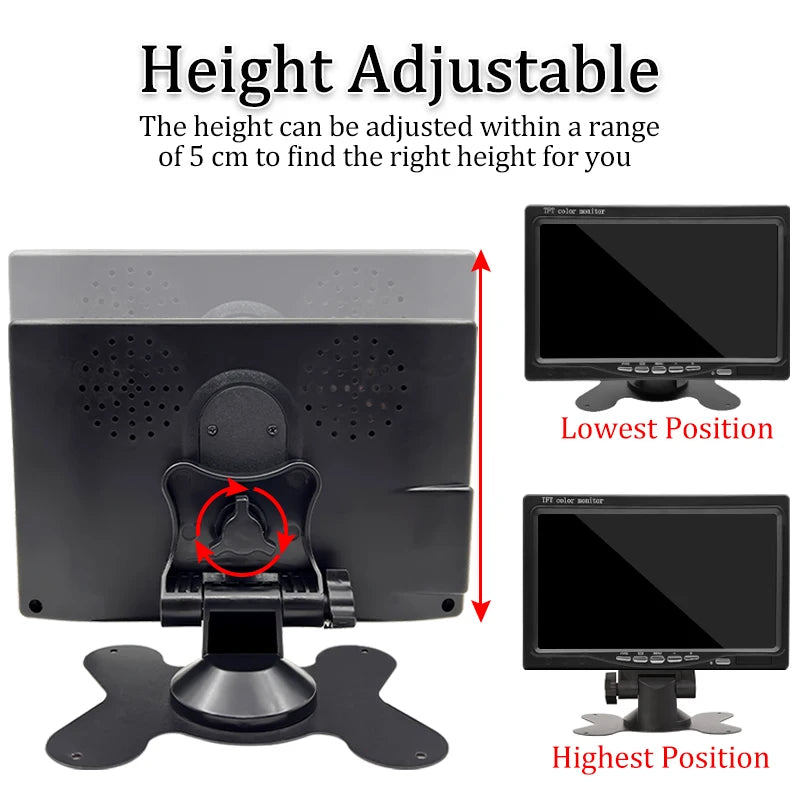 Hippcron 7" Car Monitor 16:9 800*480 Screen With 2 Way Video Input TFT HD Digital For Rear View Camera Parking Backup Reverse