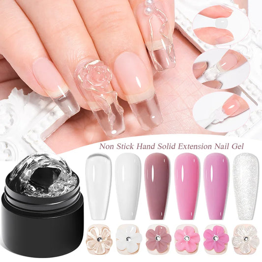 MEET ACROSS 6pcs Non Stick Hand Solid Extension Nial Gel Polish Clear Nude Pink Glitter Carving Flower Building UV Gel Nail Art