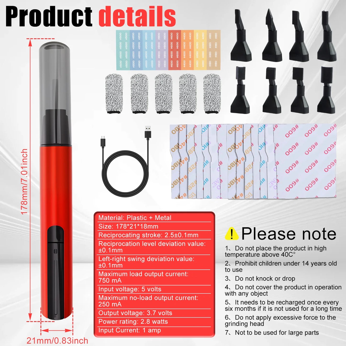 Electric Sanding Pen USB Rechargeable Mini Reciprocating Sander 3 Gears Adjustable Detail Sander for Grinding Polishing Surfaces